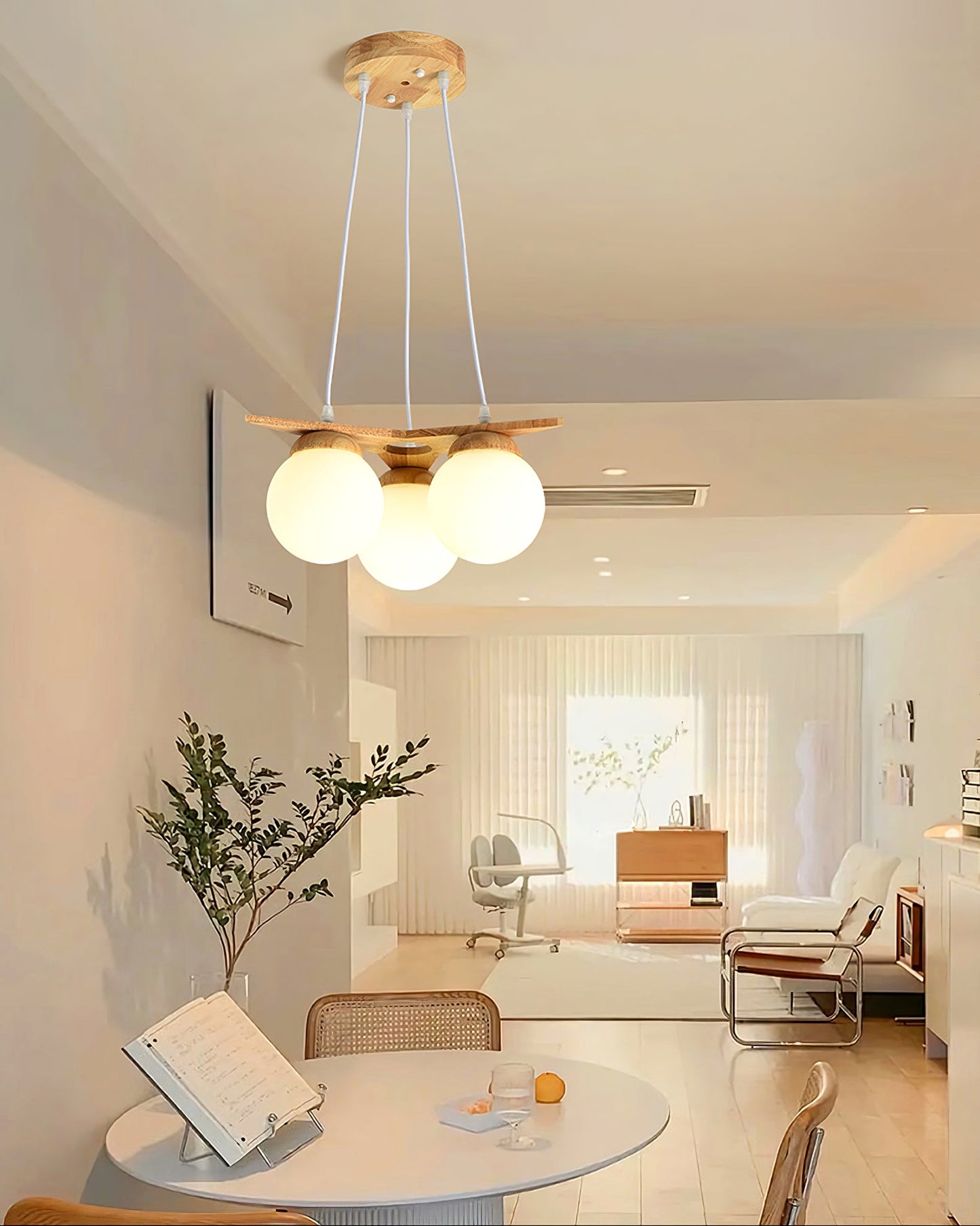 Wooden Star With Glass Chandelier - Elegant Mid-Century Modern Pendant | Floating Pearl Wood & Glass Chandelier