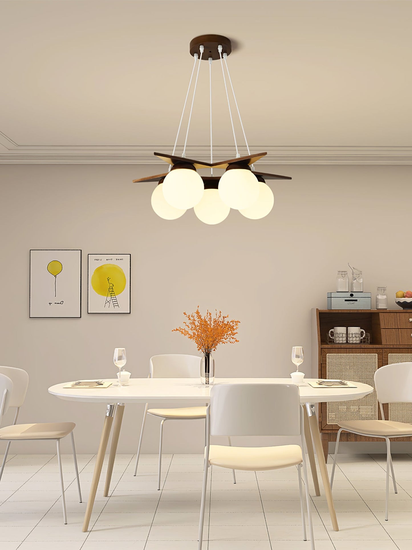 Wooden Star With Glass Chandelier - Elegant Mid-Century Modern Pendant | Floating Pearl Wood & Glass Chandelier