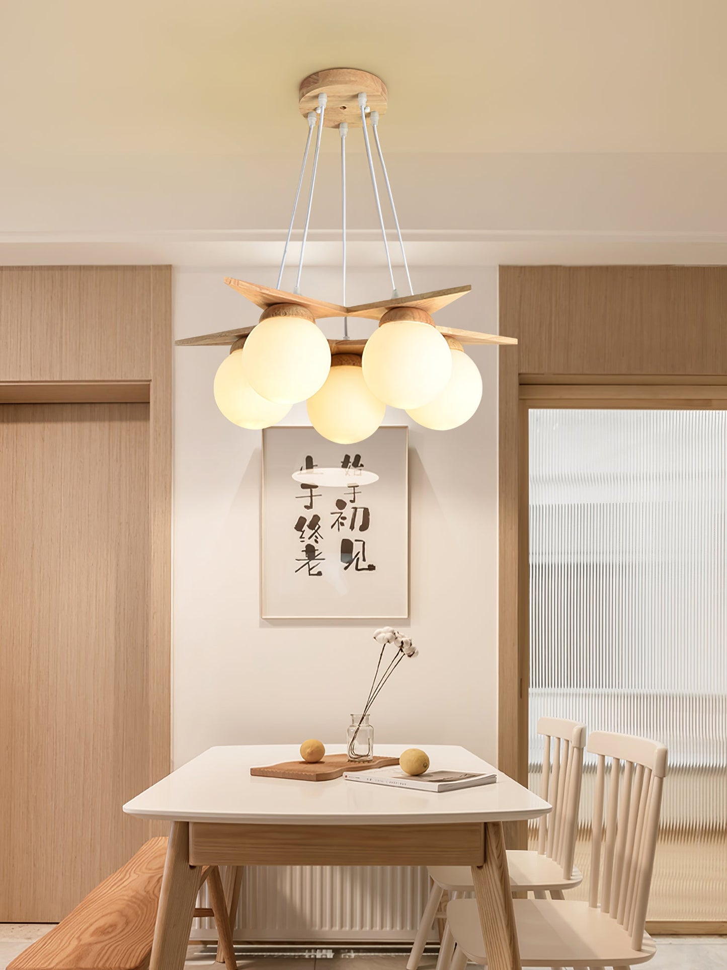 Wooden Star With Glass Chandelier - Elegant Mid-Century Modern Pendant | Floating Pearl Wood & Glass Chandelier