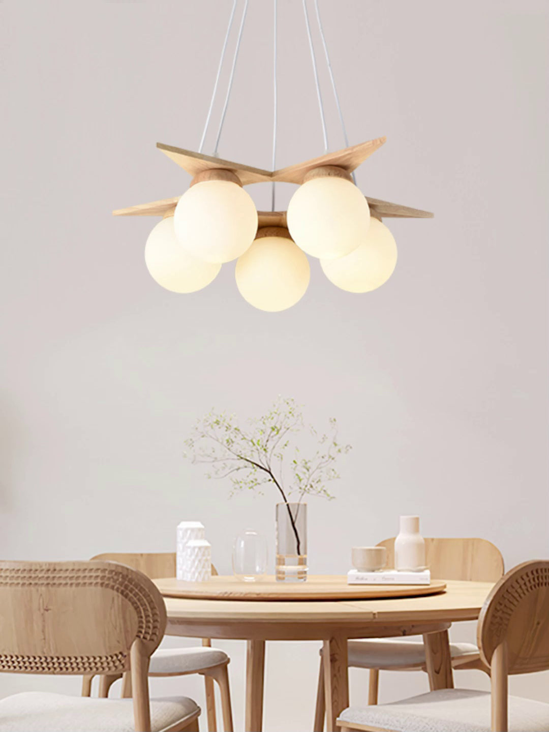 Wooden Star With Glass Chandelier - Elegant Mid-Century Modern Pendant | Floating Pearl Wood & Glass Chandelier