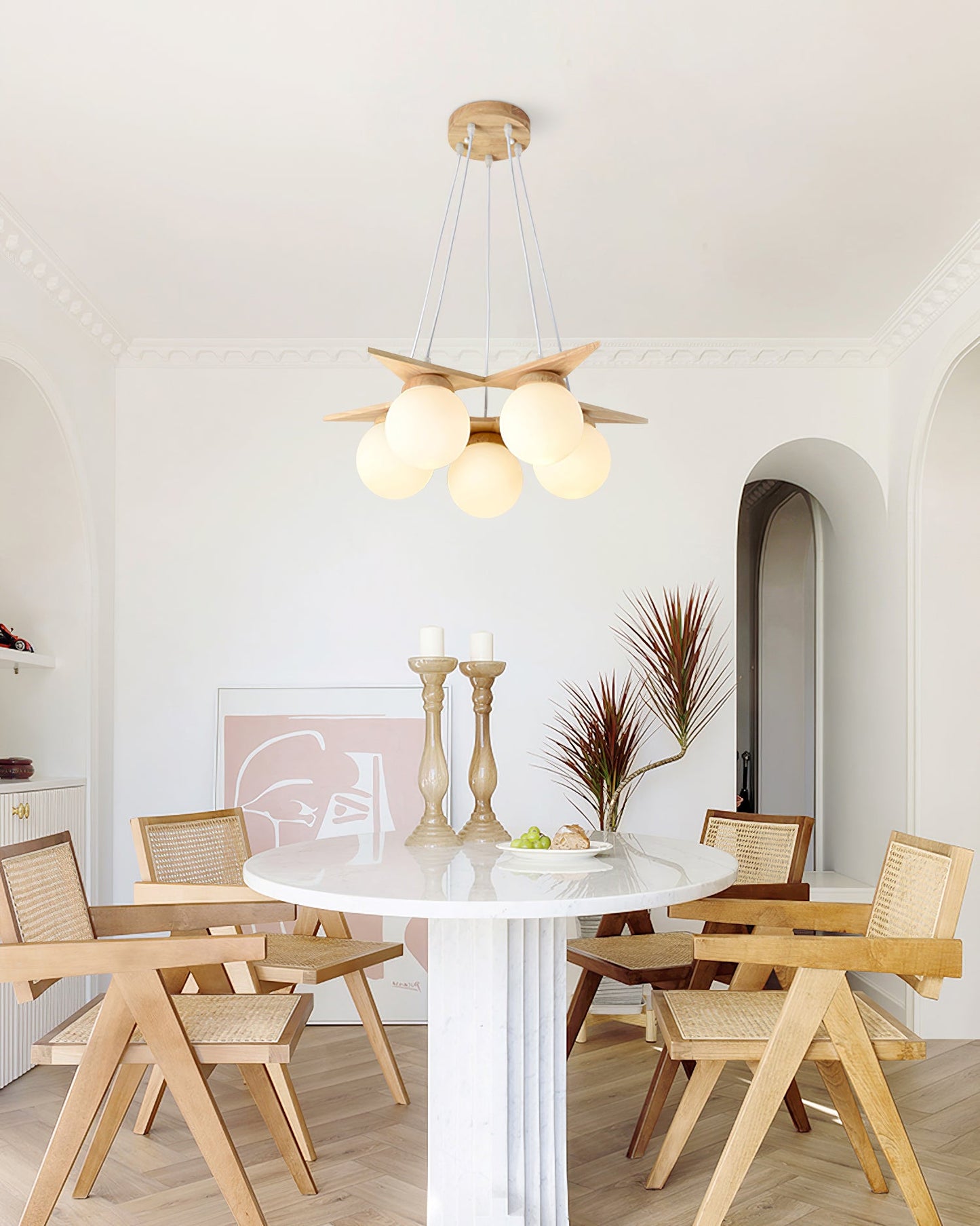 Wooden Star With Glass Chandelier - Elegant Mid-Century Modern Pendant | Floating Pearl Wood & Glass Chandelier