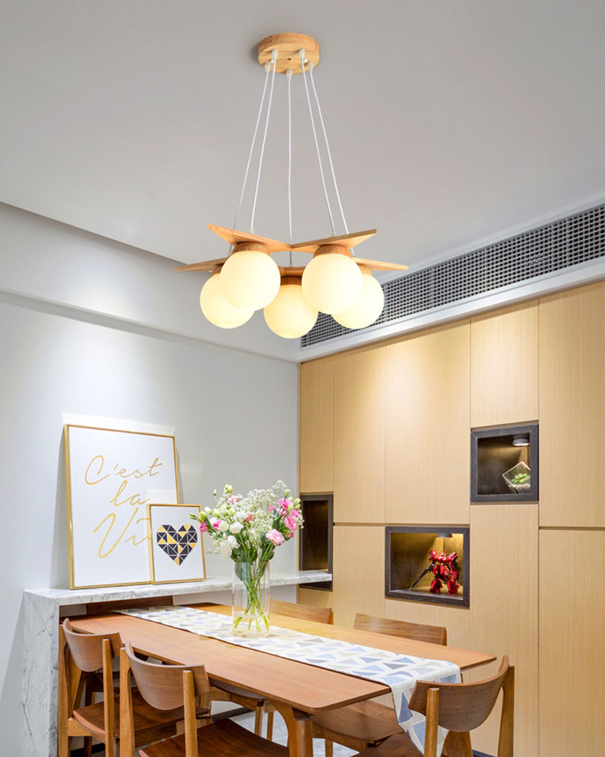 Wooden Star With Glass Chandelier - Elegant Mid-Century Modern Pendant | Floating Pearl Wood & Glass Chandelier