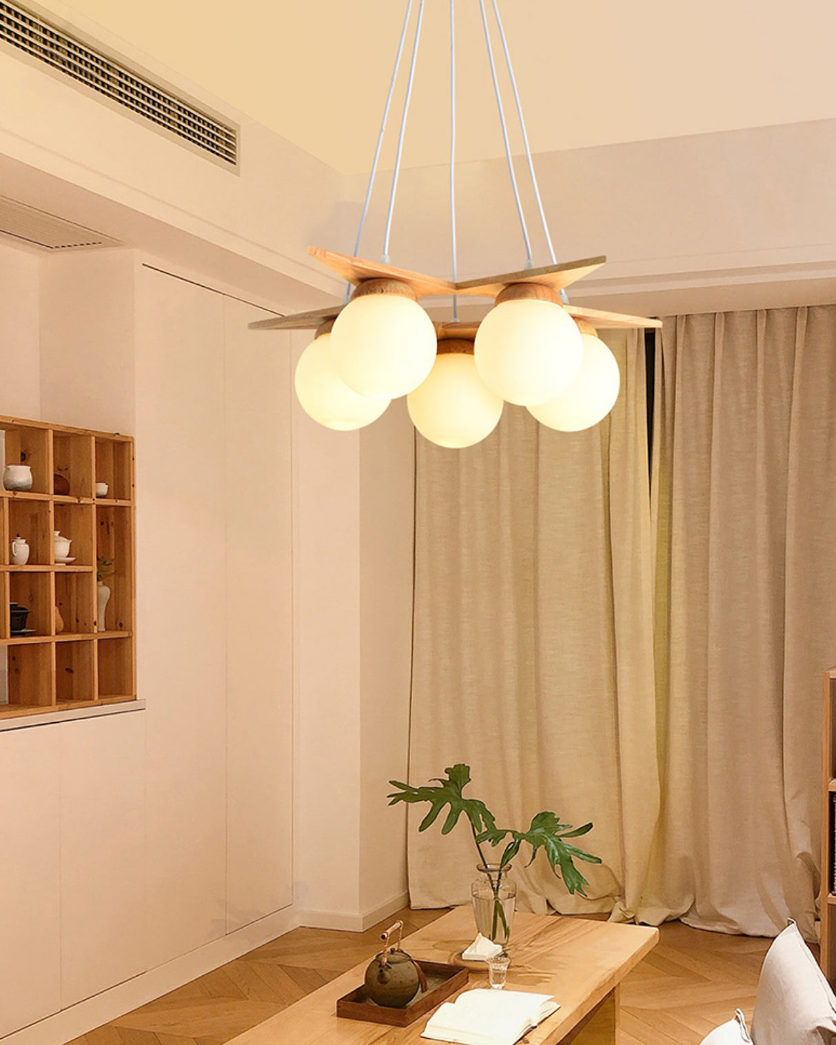 Wooden Star With Glass Chandelier - Elegant Mid-Century Modern Pendant | Floating Pearl Wood & Glass Chandelier