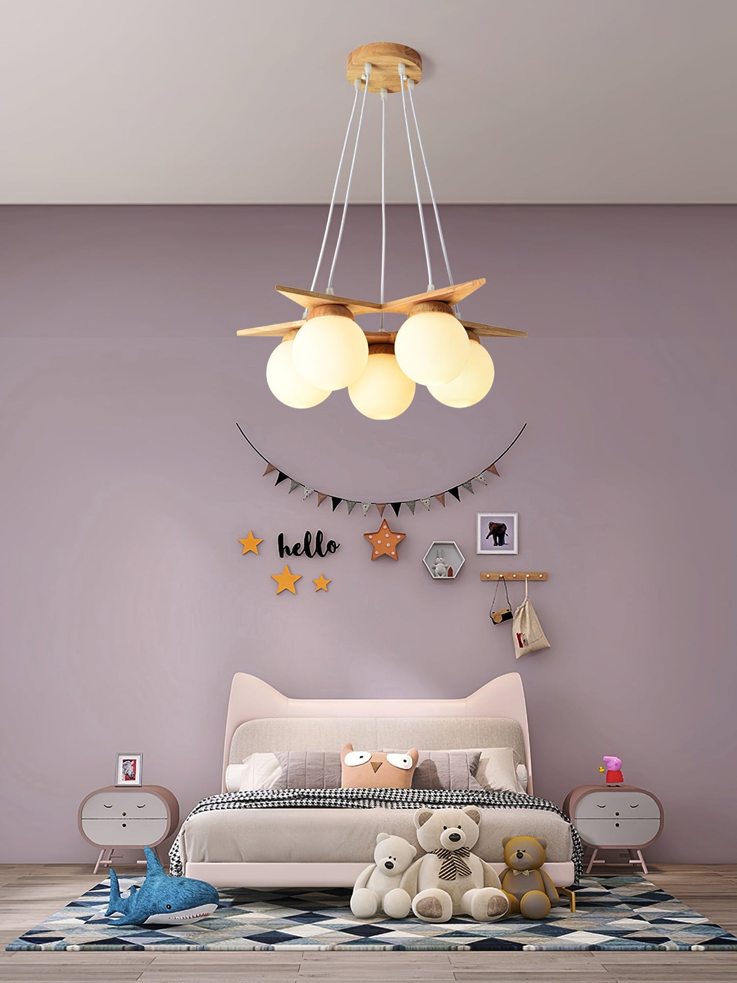 Wooden Star With Glass Chandelier - Elegant Mid-Century Modern Pendant | Floating Pearl Wood & Glass Chandelier