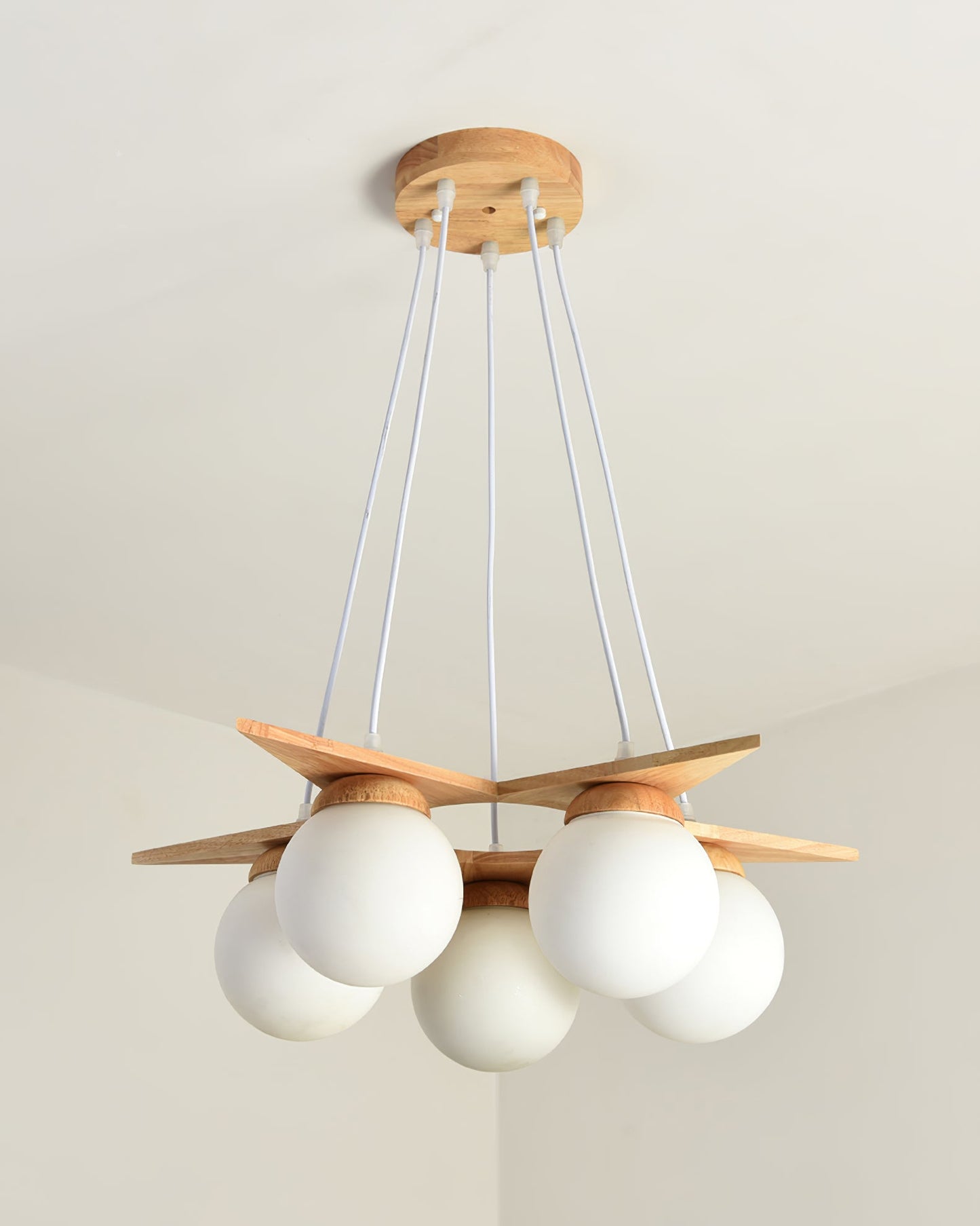 Wooden Star With Glass Chandelier - Elegant Mid-Century Modern Pendant | Floating Pearl Wood & Glass Chandelier