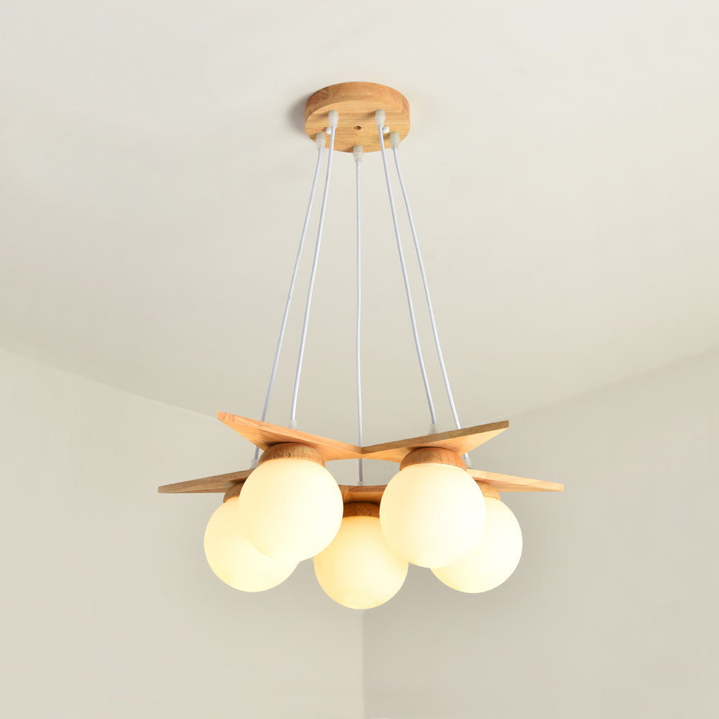 Wooden Star With Glass Chandelier - Elegant Mid-Century Modern Pendant | Floating Pearl Wood & Glass Chandelier