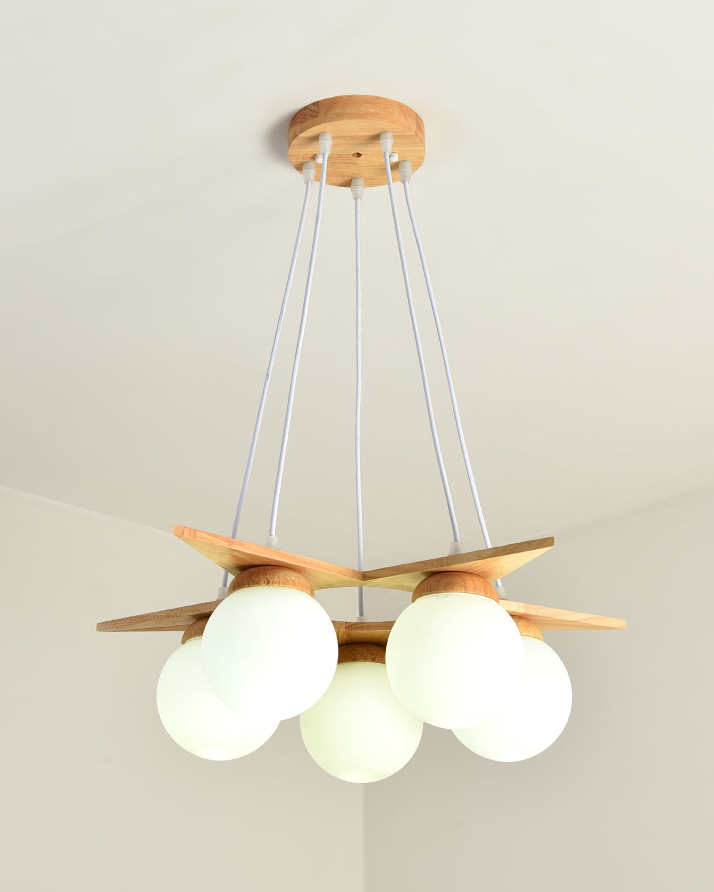 Wooden Star With Glass Chandelier - Elegant Mid-Century Modern Pendant | Floating Pearl Wood & Glass Chandelier