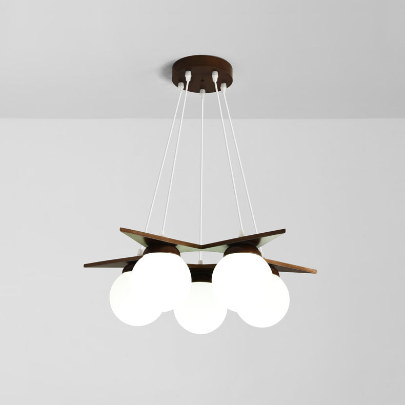 Wooden Star With Glass Chandelier - Elegant Mid-Century Modern Pendant | Floating Pearl Wood & Glass Chandelier