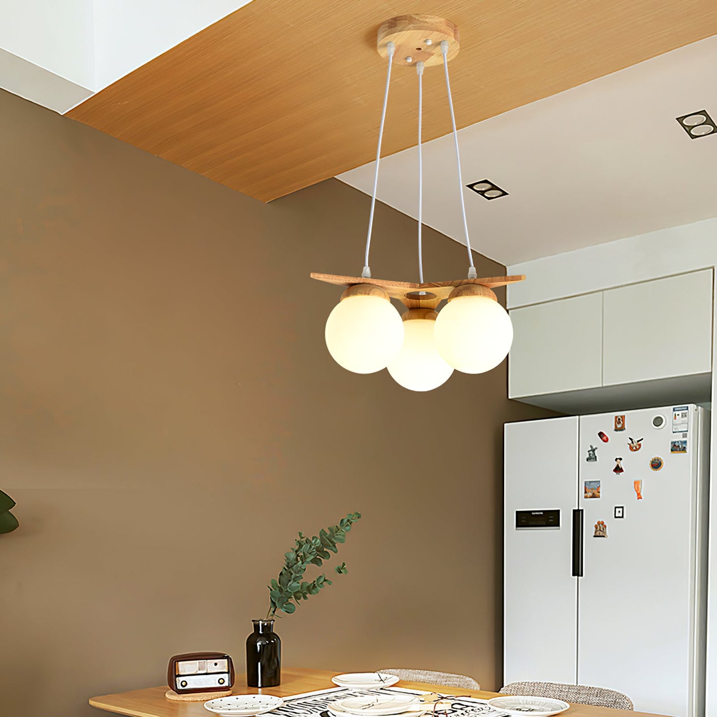 Wooden Star With Glass Chandelier - Elegant Mid-Century Modern Pendant | Floating Pearl Wood & Glass Chandelier