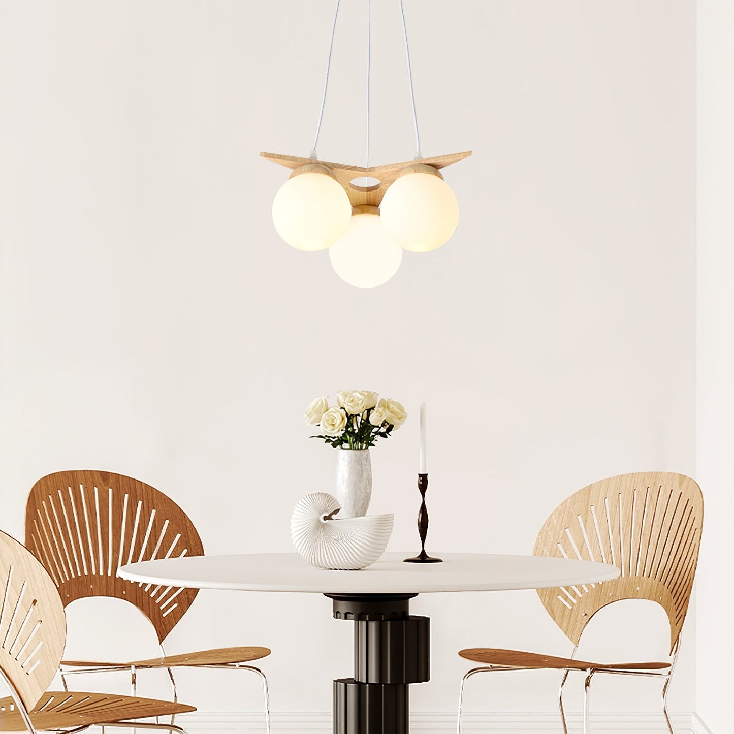 Wooden Star With Glass Chandelier - Elegant Mid-Century Modern Pendant | Floating Pearl Wood & Glass Chandelier