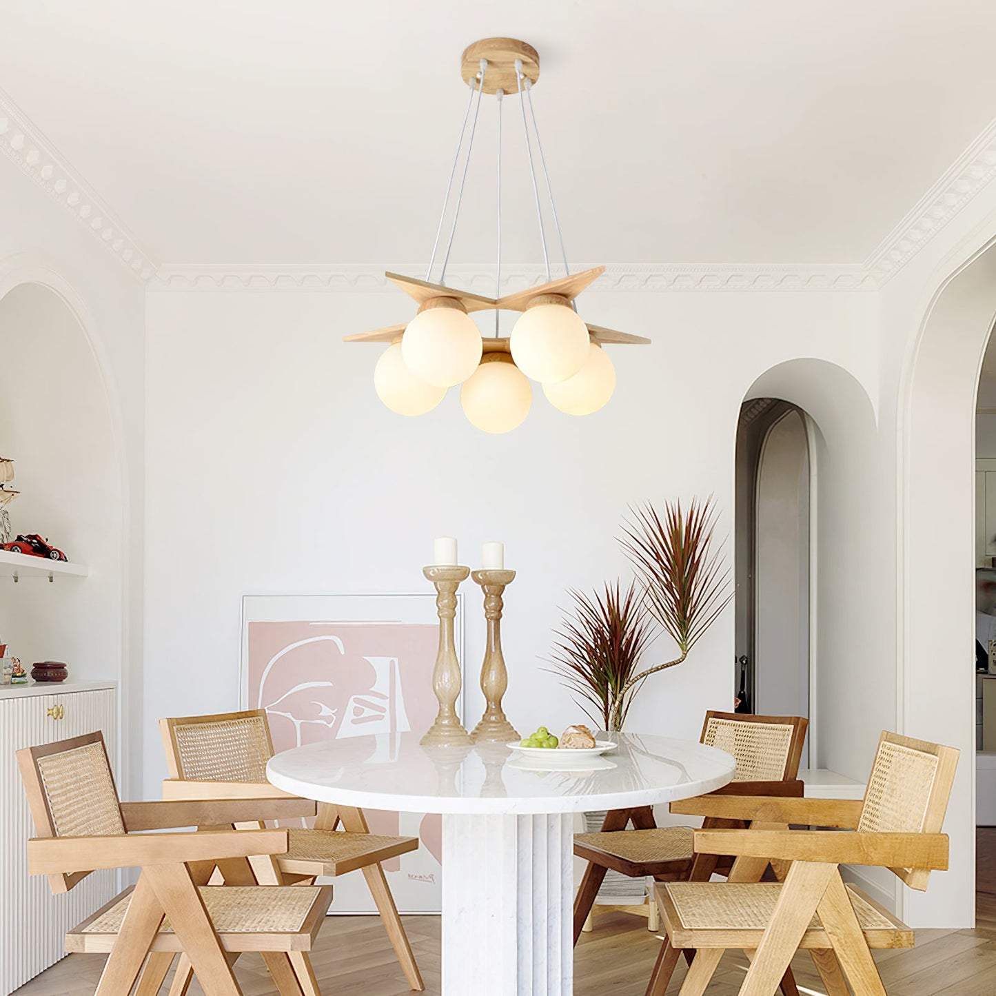 Wooden Star With Glass Chandelier - Elegant Mid-Century Modern Pendant | Floating Pearl Wood & Glass Chandelier
