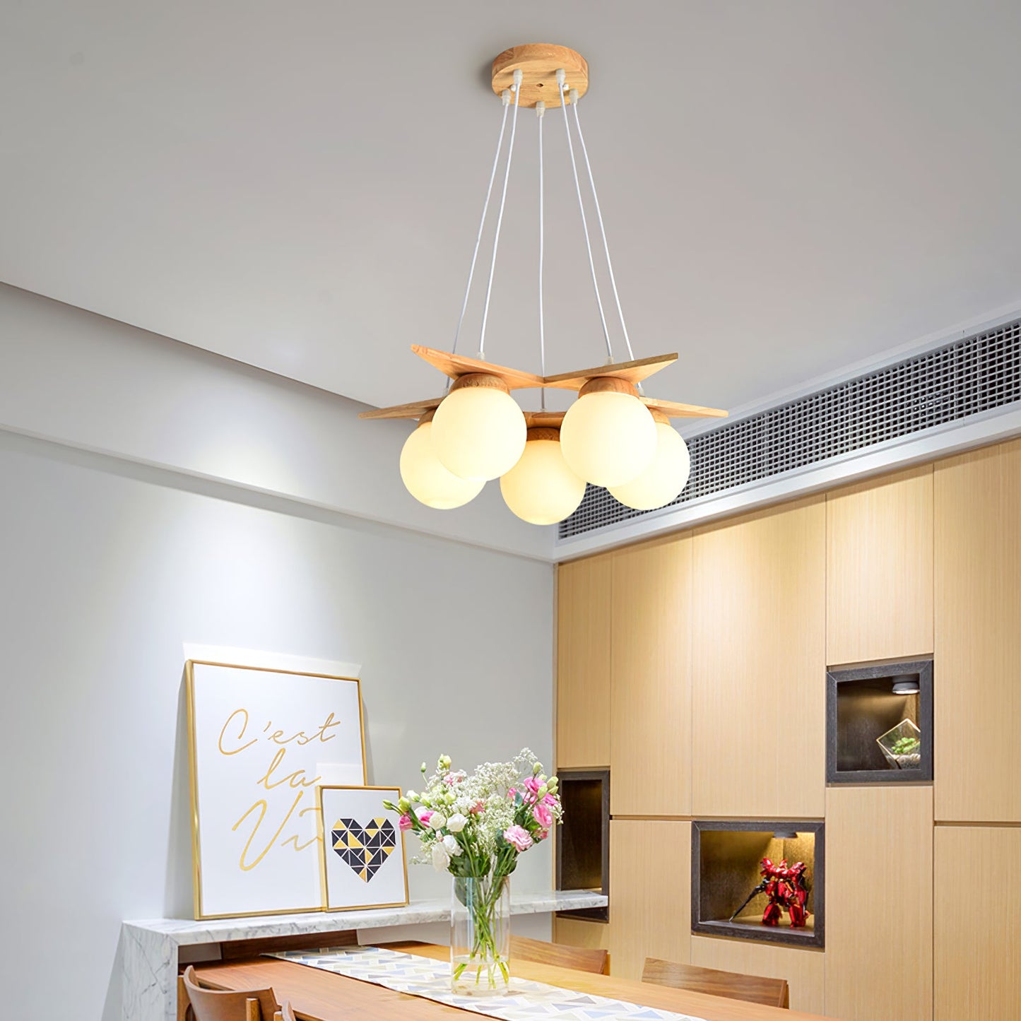 Wooden Star With Glass Chandelier - Elegant Mid-Century Modern Pendant | Floating Pearl Wood & Glass Chandelier