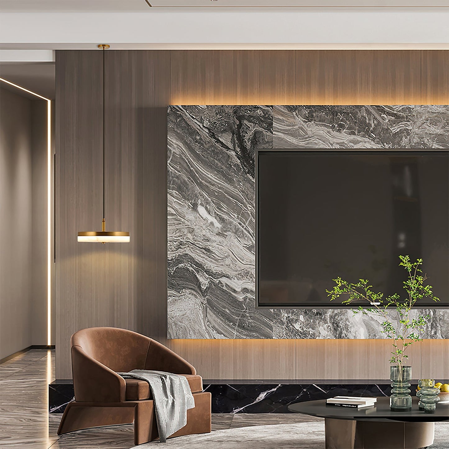 Wyatt Alabaster Pendant Light - Modern Brass & Natural Stone LED Sconce | Luxury Floating Alabaster Disc Pendant