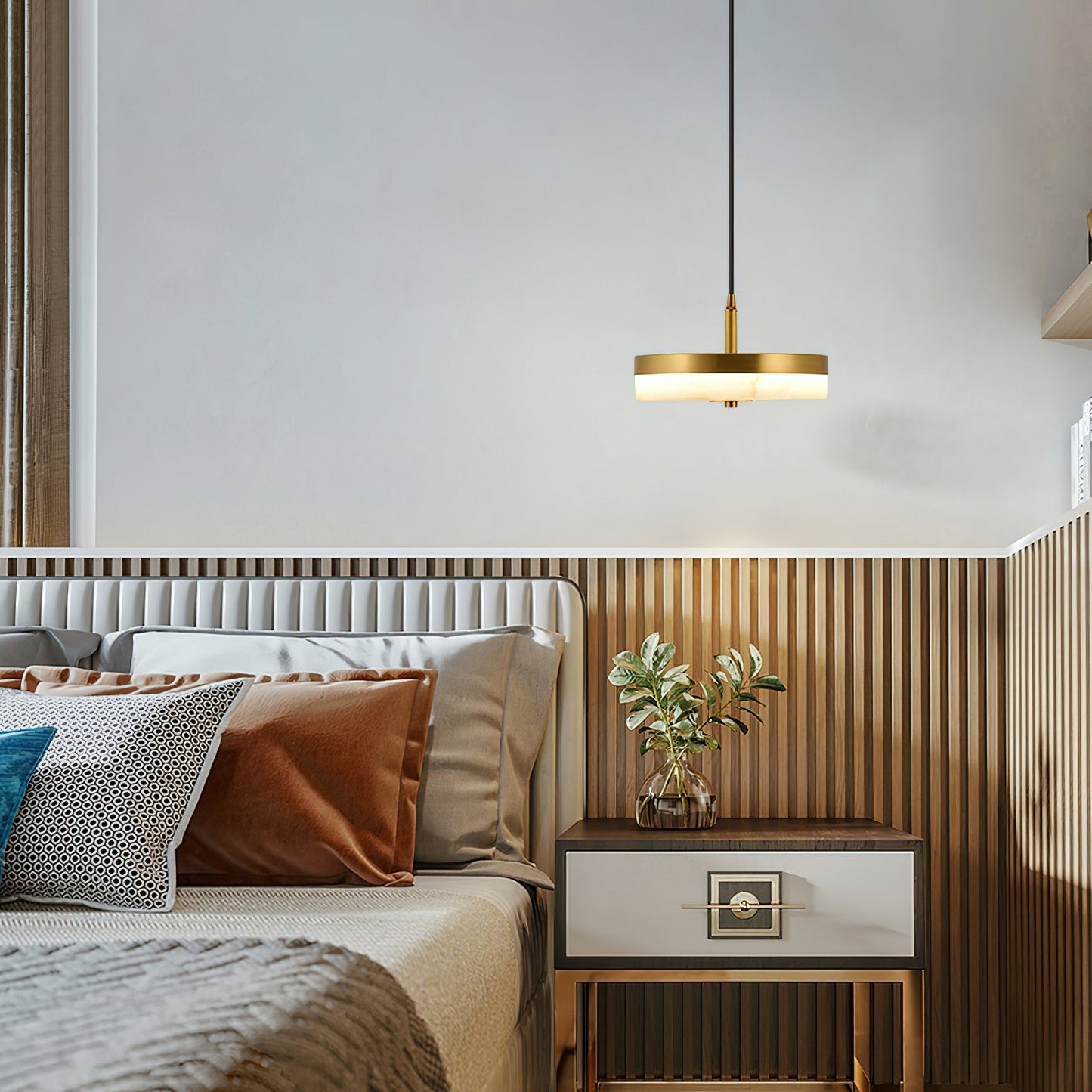 Wyatt Alabaster Pendant Light - Modern Brass & Natural Stone LED Sconce | Luxury Floating Alabaster Disc Pendant