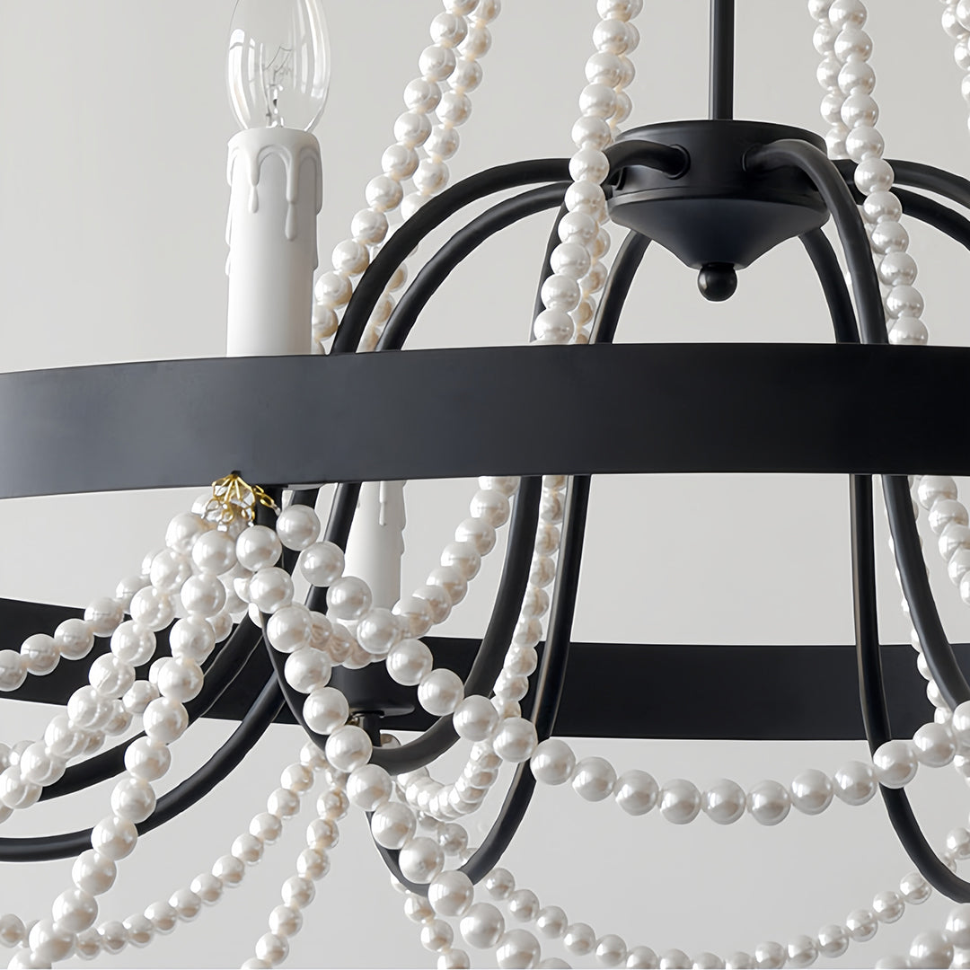 Vintage Wrought Iron Chandelier – French Artistic Pearl & Candlestick Ceiling Light