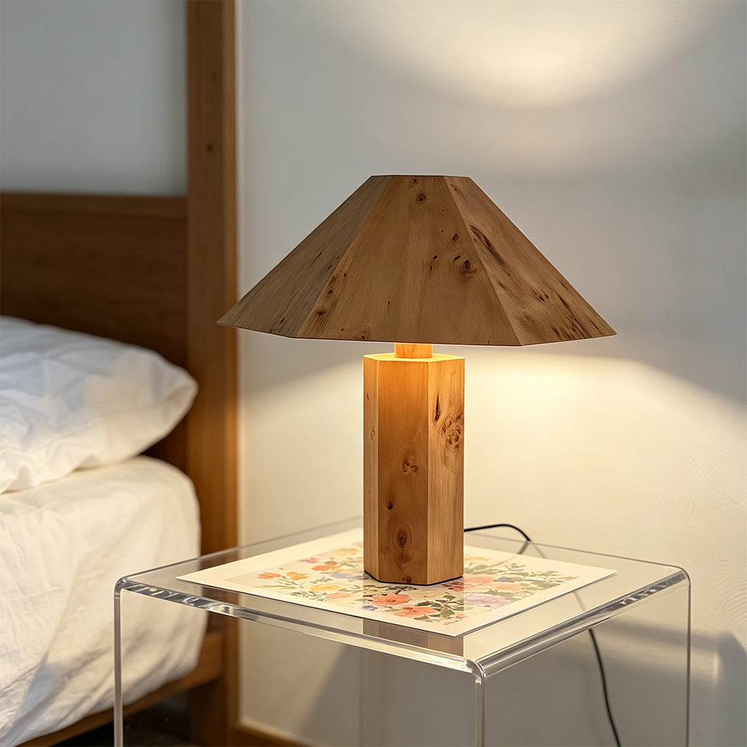 Vintage Wooden Table Lamp – Burl Wood Wabi-Sabi Cone Accent & Ambient Light