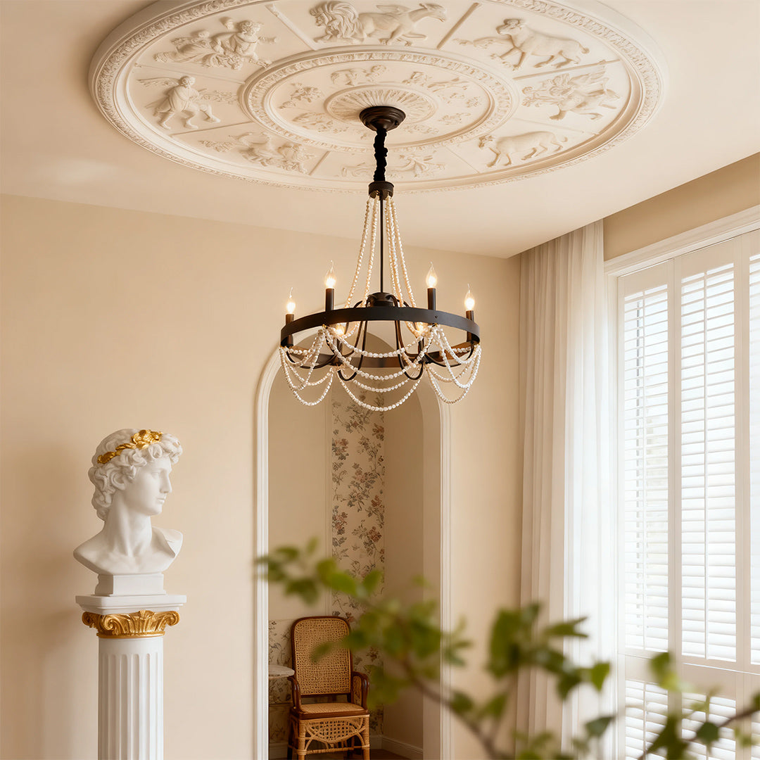 Vintage Wrought Iron Chandelier – French Artistic Pearl & Candlestick Ceiling Light