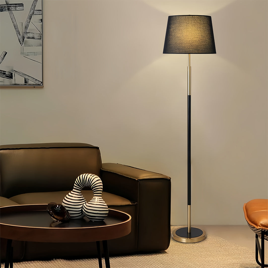 Vintage Wrought Iron Floor Lamp – Black Gold Industrial Frame & Fabric Shade Floor Light