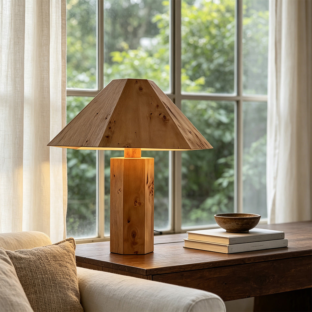 Vintage Wooden Table Lamp – Burl Wood Wabi-Sabi Cone Accent & Ambient Light