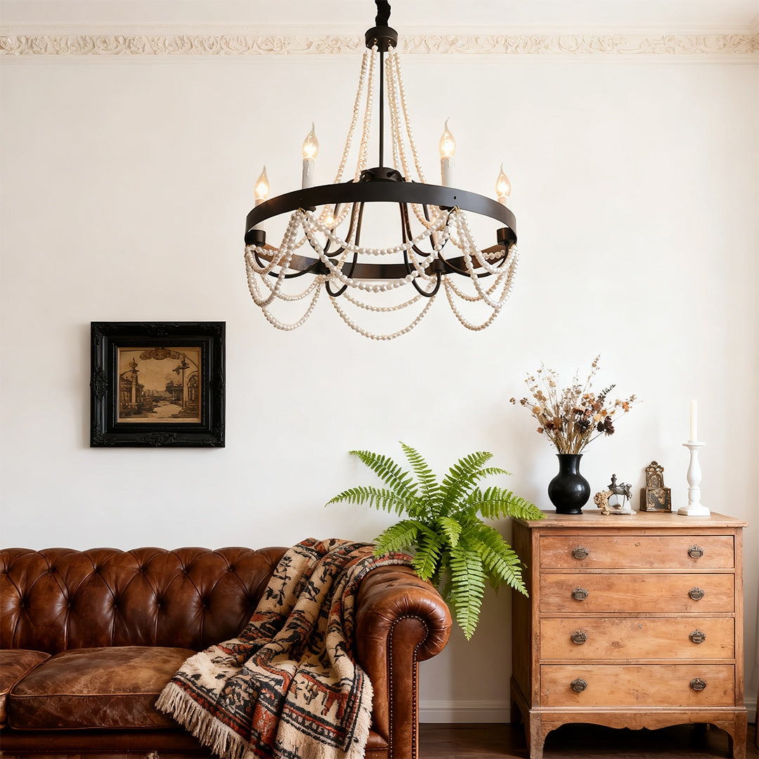 Vintage Wrought Iron Chandelier – French Artistic Pearl & Candlestick Ceiling Light