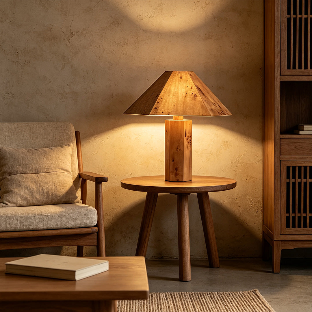 Vintage Wooden Table Lamp – Burl Wood Wabi-Sabi Cone Accent & Ambient Light