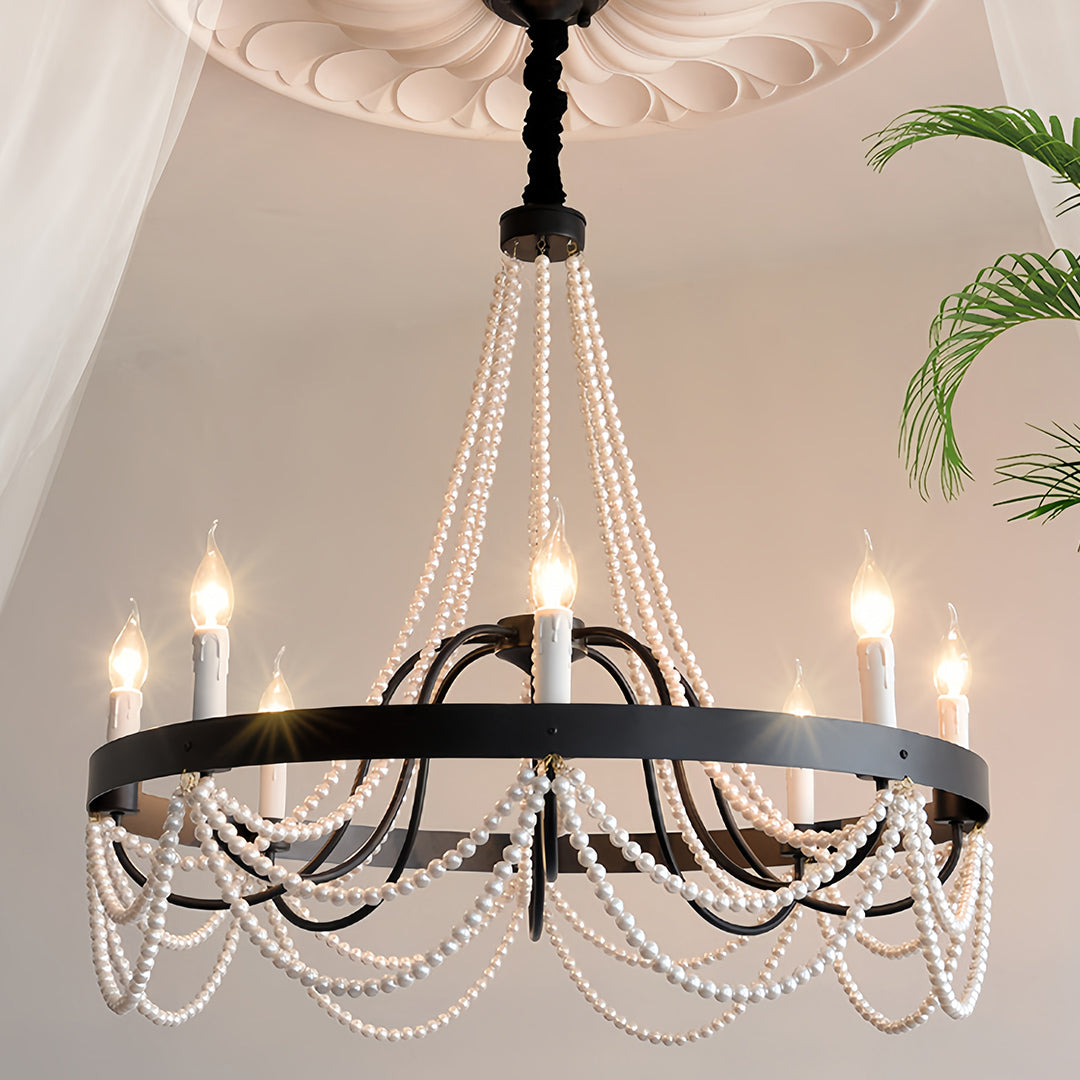 Vintage Wrought Iron Chandelier – French Artistic Pearl & Candlestick Ceiling Light