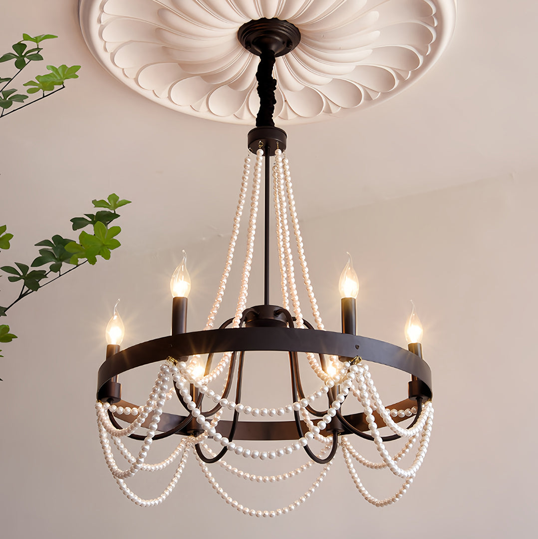 Vintage Wrought Iron Chandelier – French Artistic Pearl & Candlestick Ceiling Light