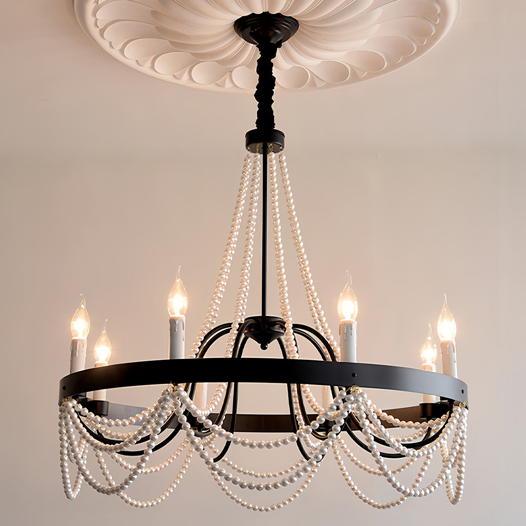 Vintage Wrought Iron Chandelier – French Artistic Pearl & Candlestick Ceiling Light