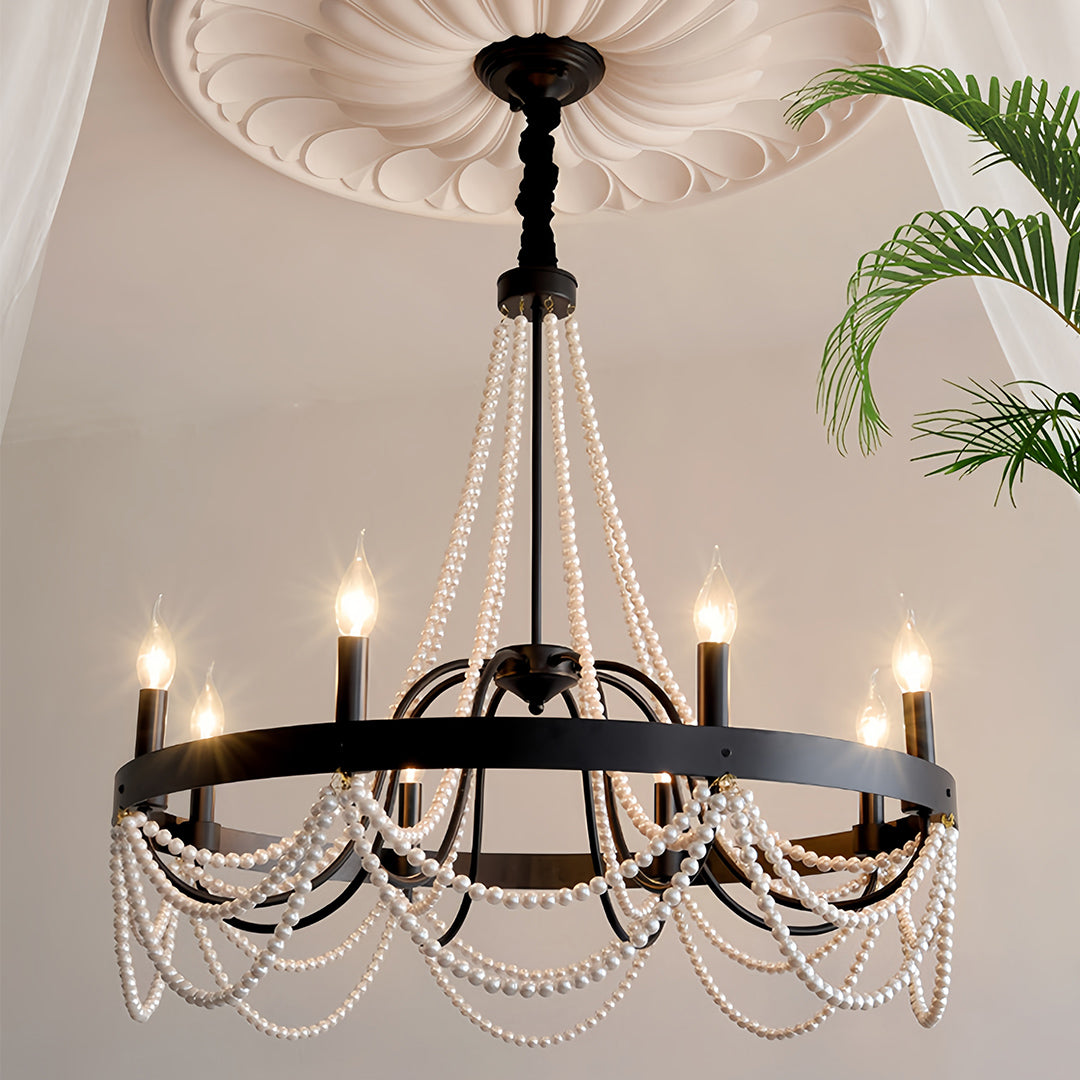 Vintage Wrought Iron Chandelier – French Artistic Pearl & Candlestick Ceiling Light