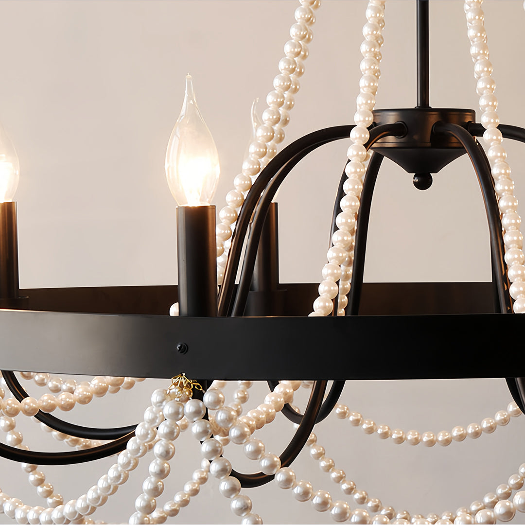 Vintage Wrought Iron Chandelier – French Artistic Pearl & Candlestick Ceiling Light