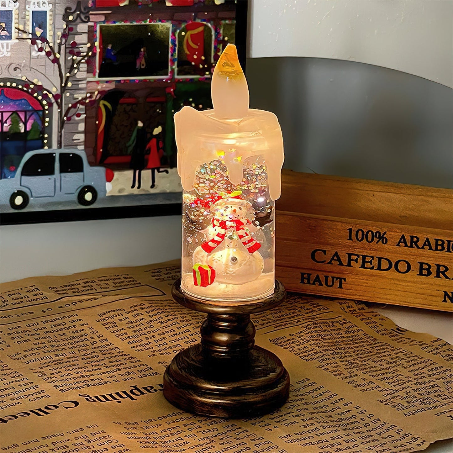 Xmas Candles Table Lamp - LED Glitter Candle with Automatic Snow | Rechargeable Flameless Holiday Light
