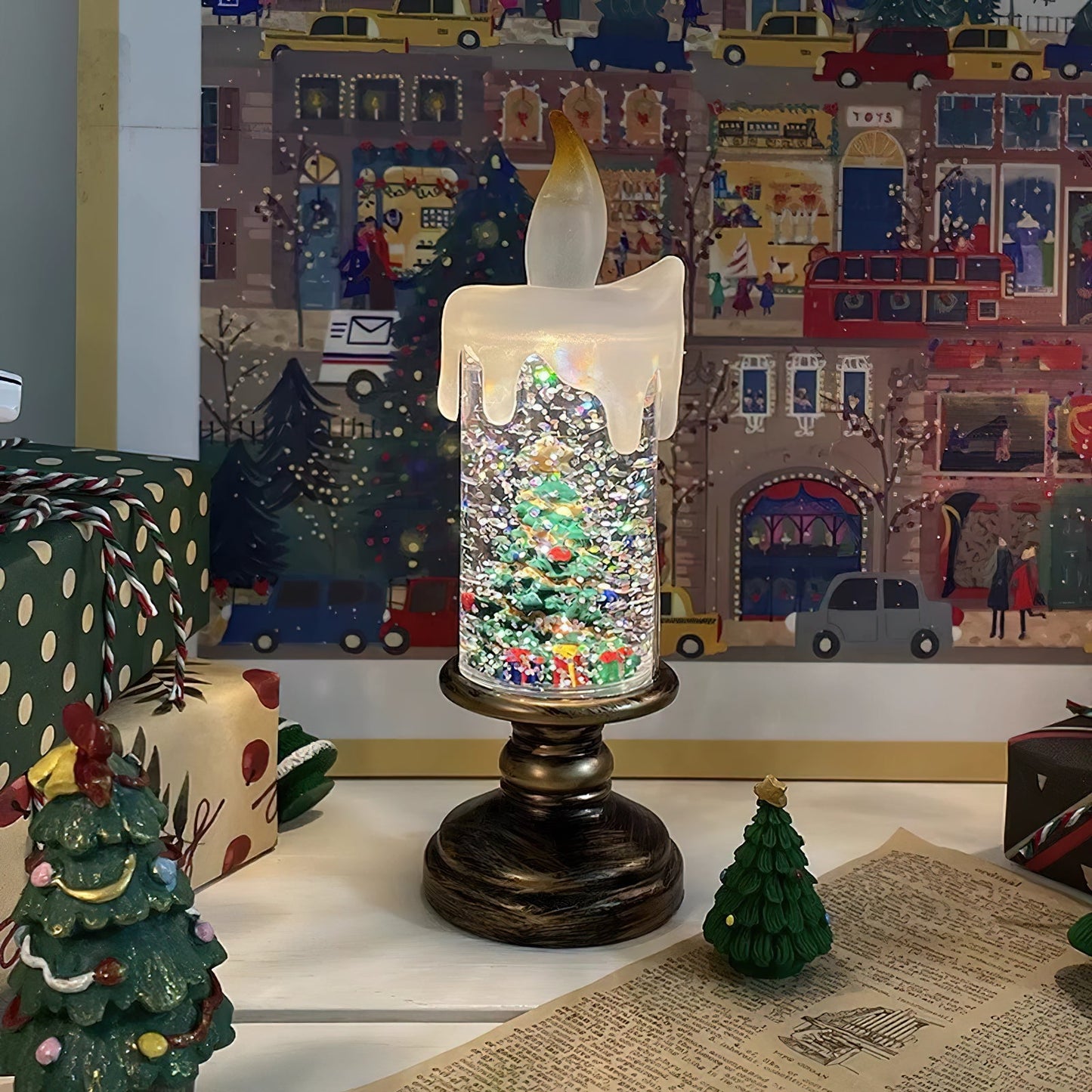 Xmas Candles Table Lamp - LED Glitter Candle with Automatic Snow | Rechargeable Flameless Holiday Light
