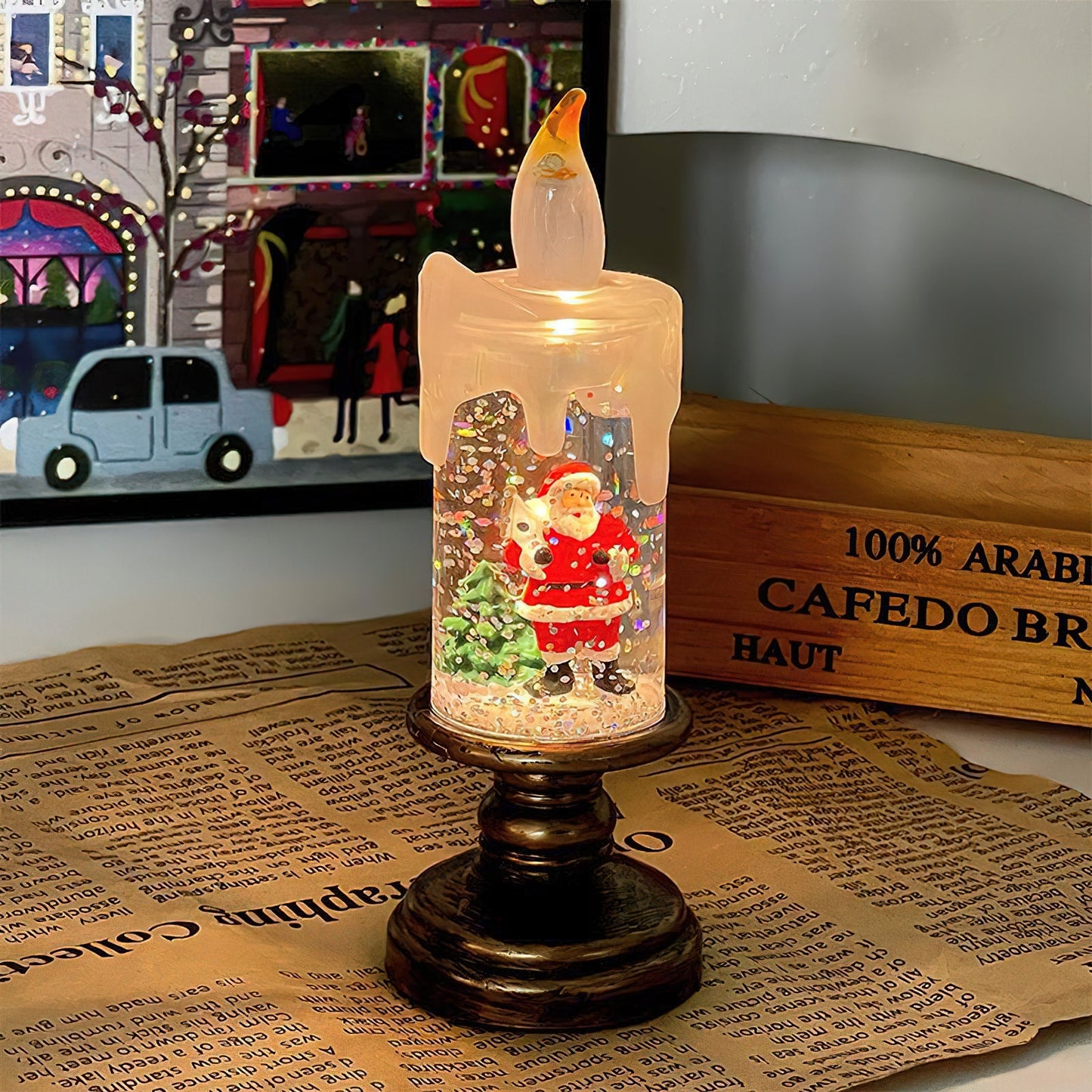 Xmas Candles Table Lamp - LED Glitter Candle with Automatic Snow | Rechargeable Flameless Holiday Light