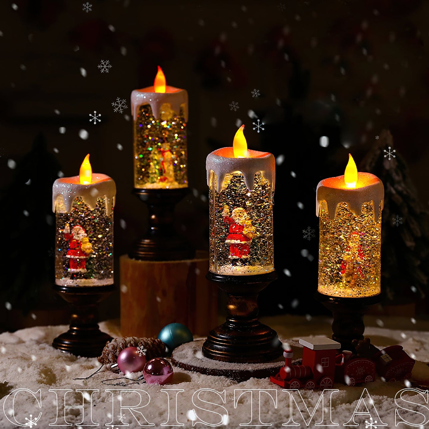 Xmas Candles Table Lamp - LED Glitter Candle with Automatic Snow | Rechargeable Flameless Holiday Light