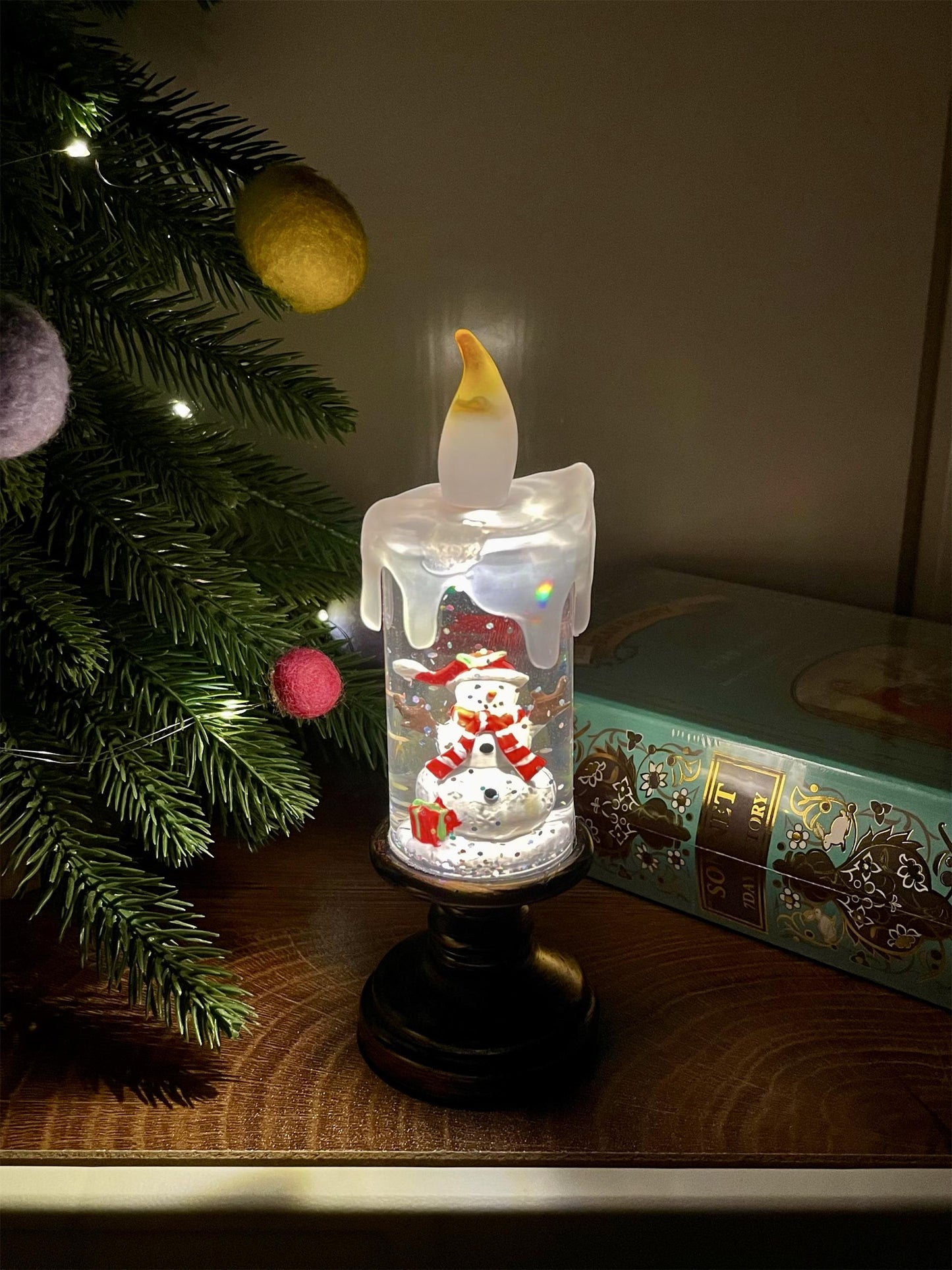 Xmas Candles Table Lamp - LED Glitter Candle with Automatic Snow | Rechargeable Flameless Holiday Light