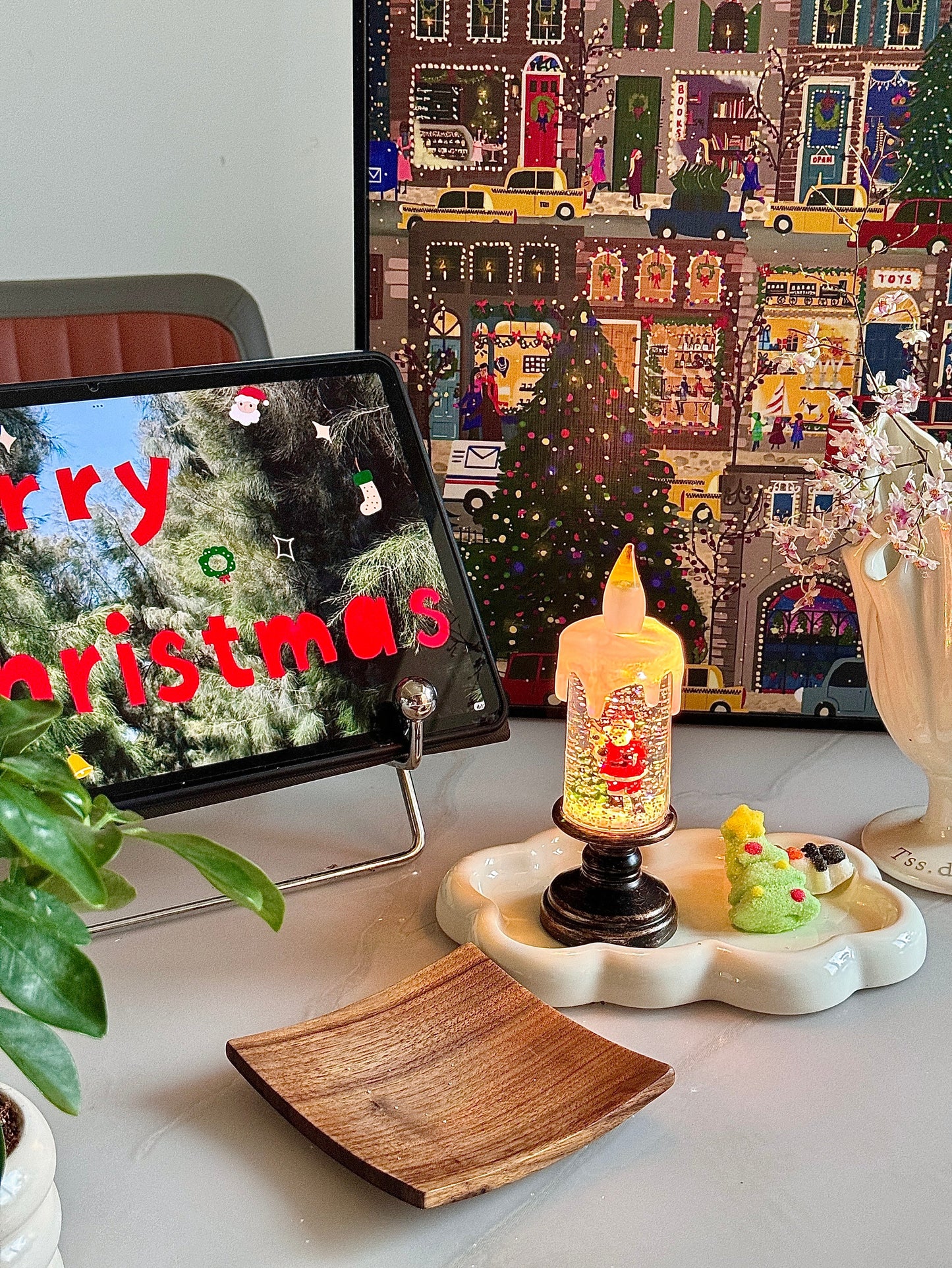 Xmas Candles Table Lamp - LED Glitter Candle with Automatic Snow | Rechargeable Flameless Holiday Light