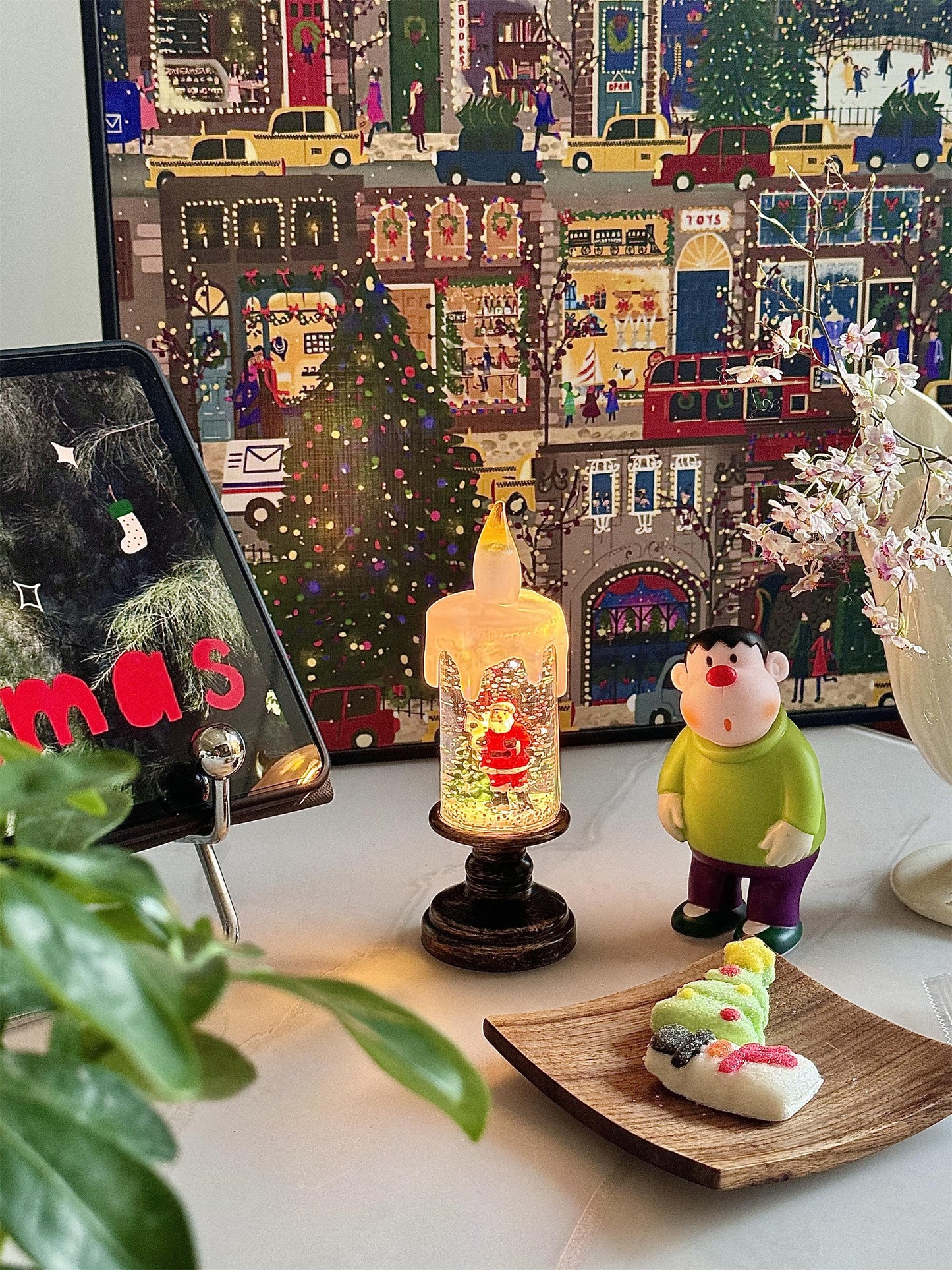 Xmas Candles Table Lamp - LED Glitter Candle with Automatic Snow | Rechargeable Flameless Holiday Light