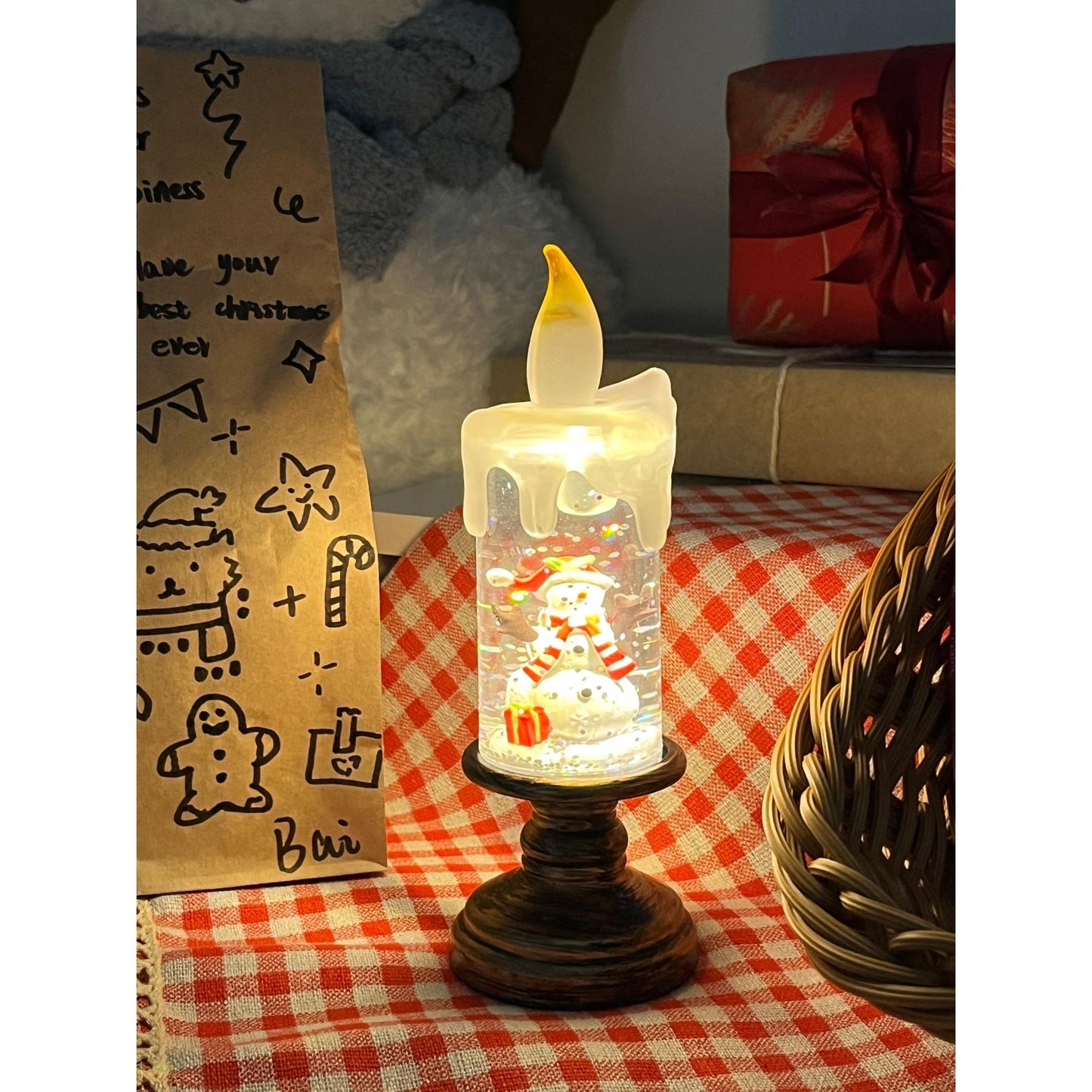 Xmas Candles Table Lamp - LED Glitter Candle with Automatic Snow | Rechargeable Flameless Holiday Light