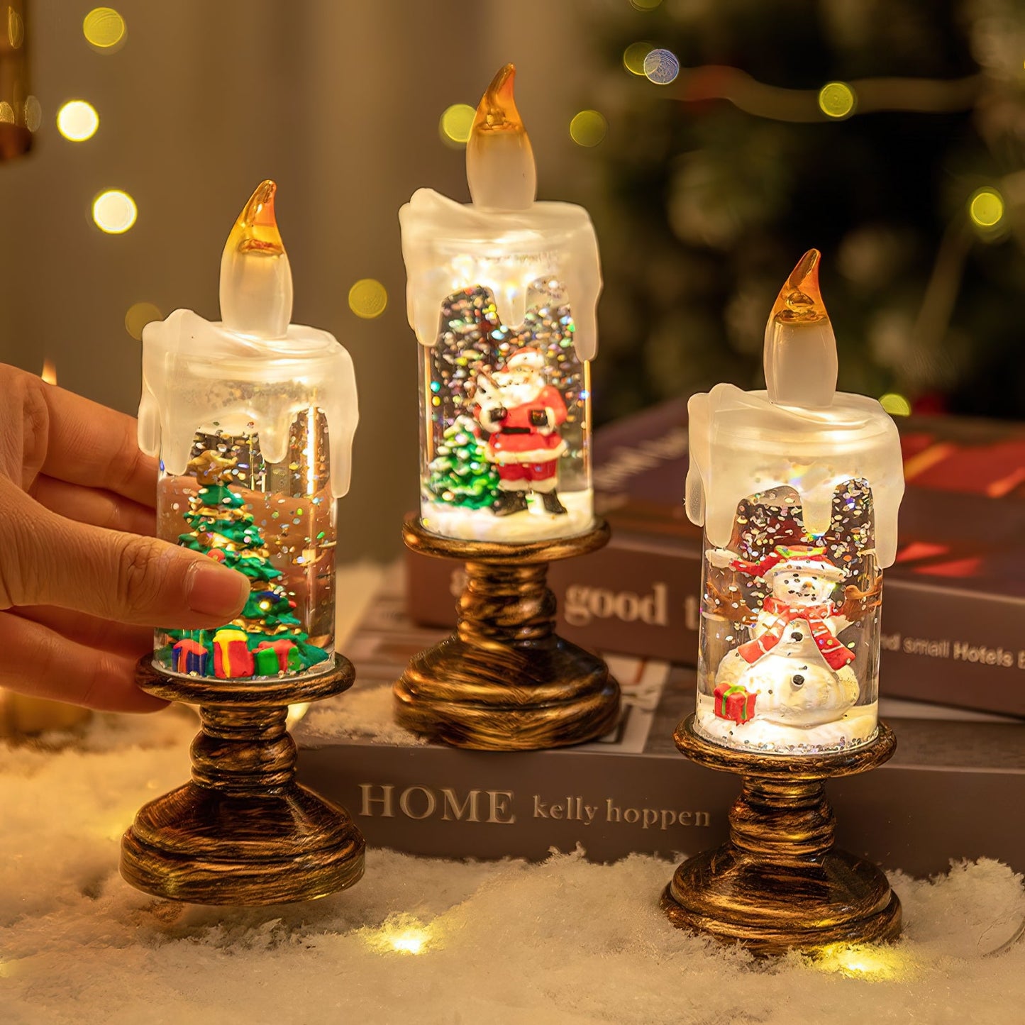 Xmas Candles Table Lamp - LED Glitter Candle with Automatic Snow | Rechargeable Flameless Holiday Light