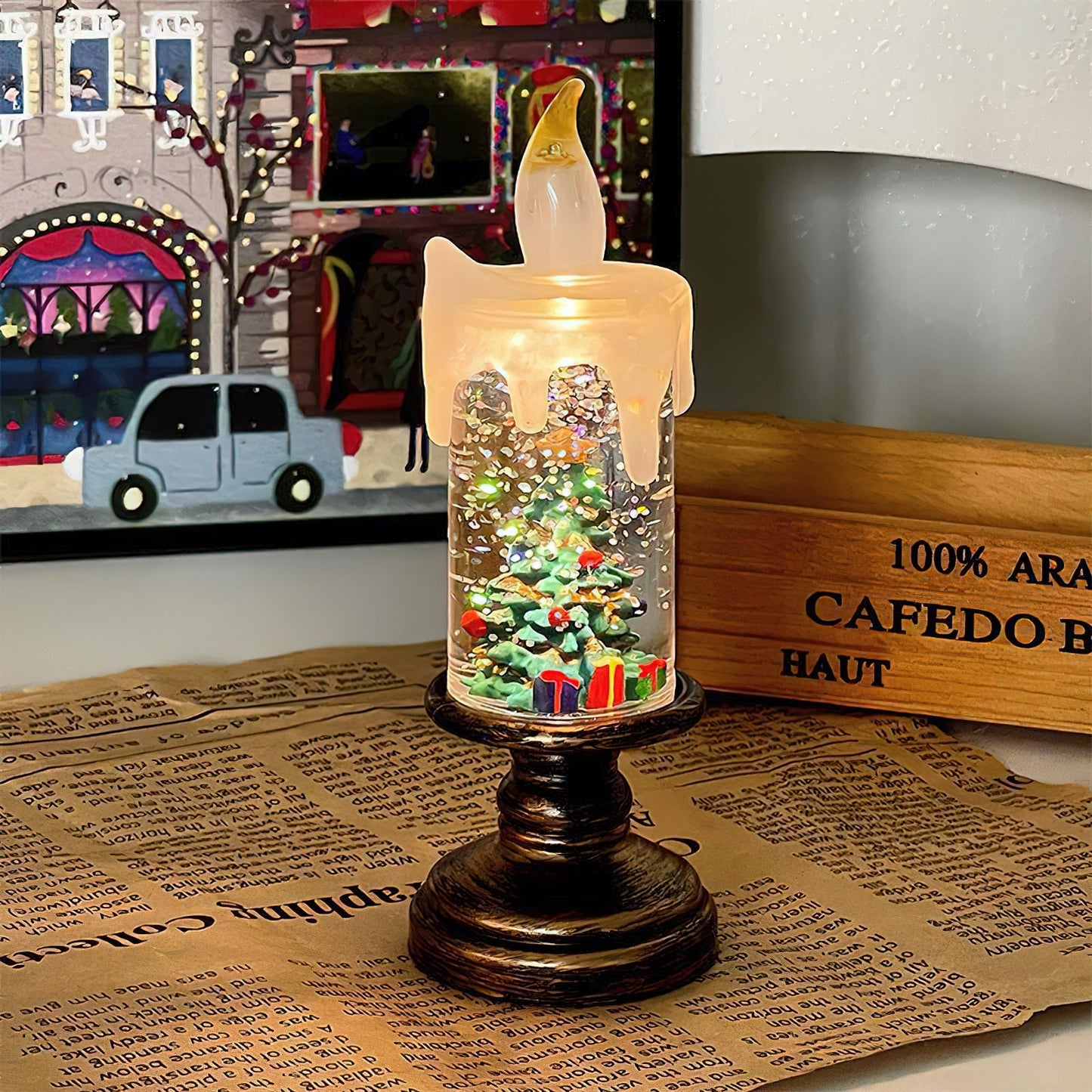 Xmas Candles Table Lamp - LED Glitter Candle with Automatic Snow | Rechargeable Flameless Holiday Light