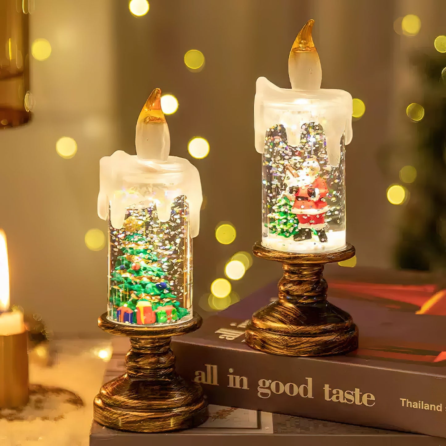 Xmas Candles Table Lamp - LED Glitter Candle with Automatic Snow | Rechargeable Flameless Holiday Light