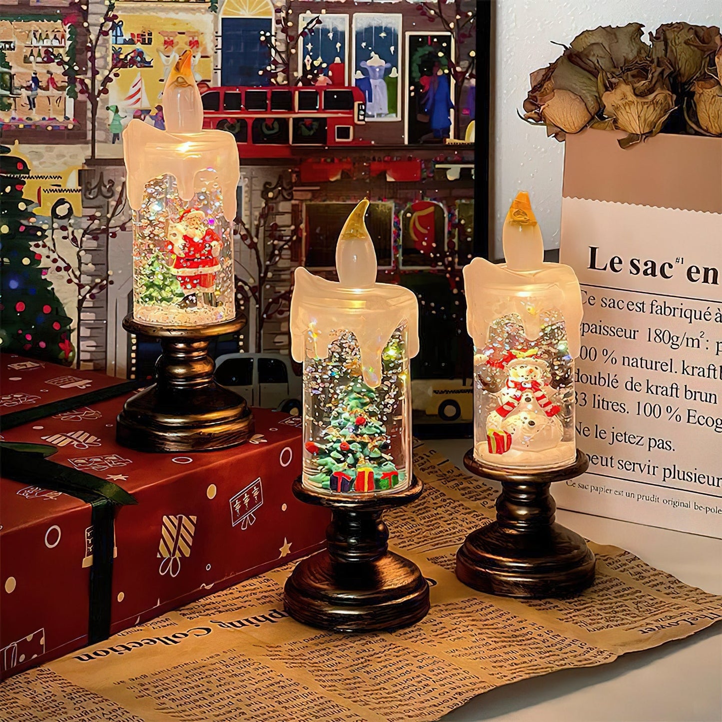 Xmas Candles Table Lamp - LED Glitter Candle with Automatic Snow | Rechargeable Flameless Holiday Light