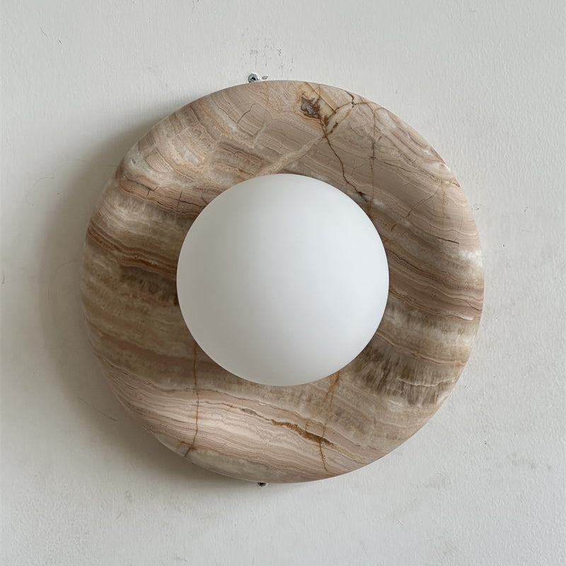 Orli Beige Marble Sconce - Curved Natural Cream Stone & Glass Globe Sconce