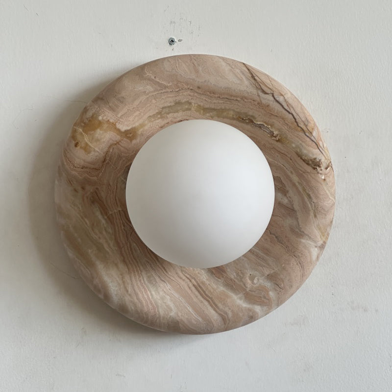 Orli Beige Marble Sconce - Curved Natural Cream Stone & Glass Globe Sconce