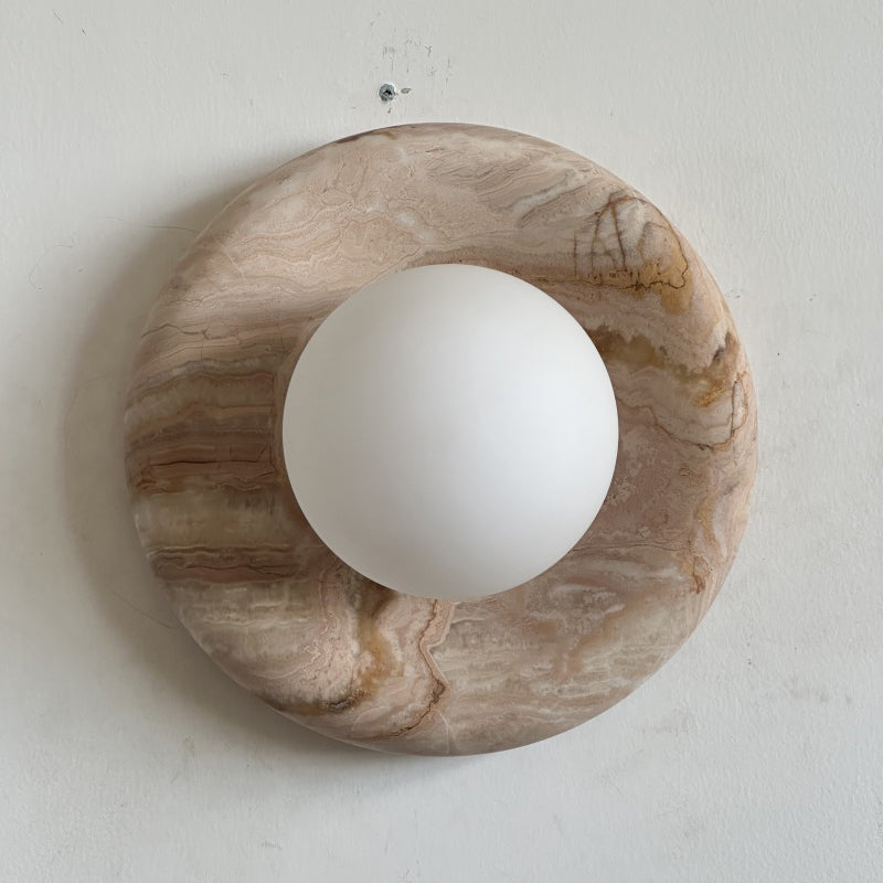 Orli Beige Marble Sconce - Curved Natural Cream Stone & Glass Globe Sconce