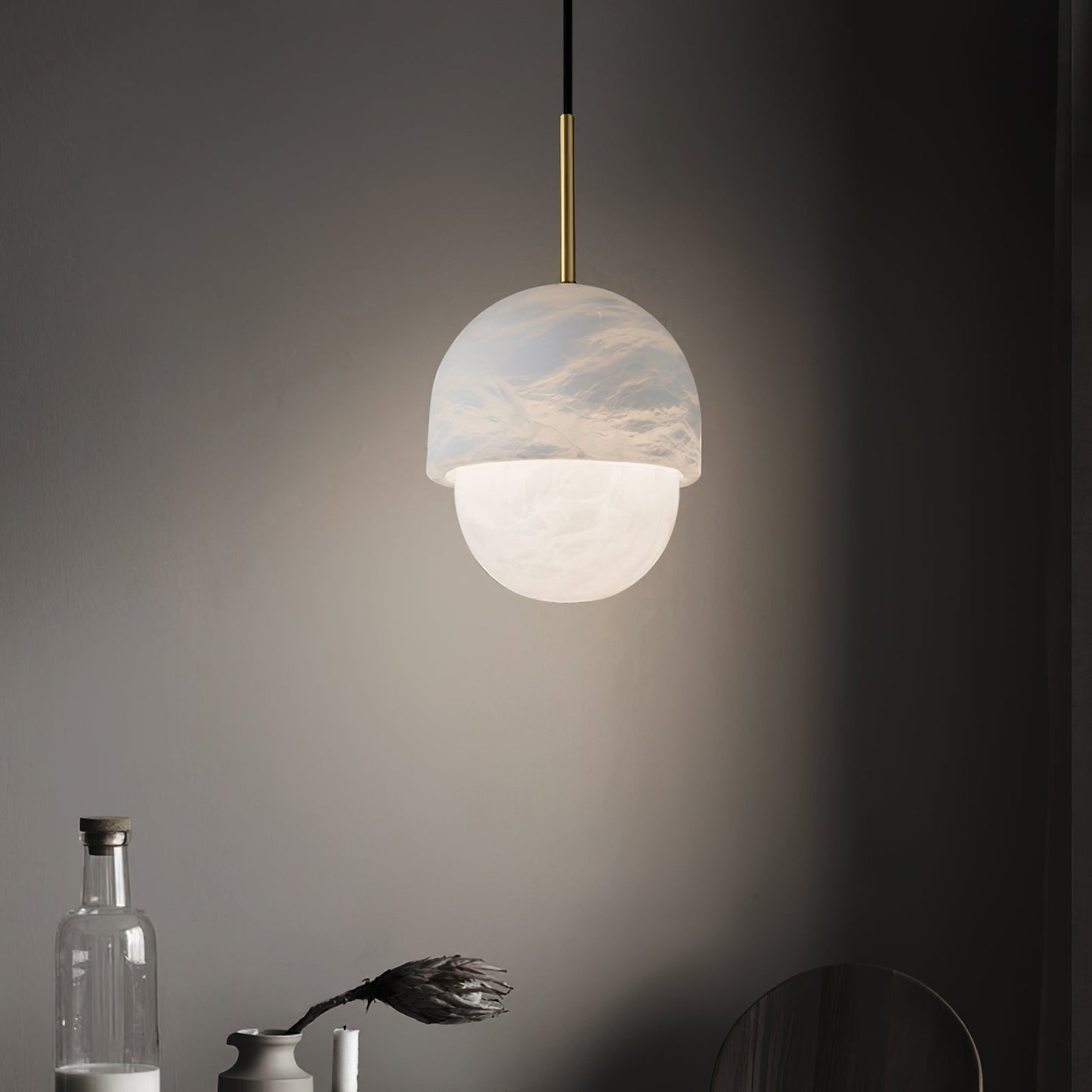 Yoko Alabaster Pendant Light - Japanese Inspired Stone Mini Pendant | Natural Alabaster & Brass Hanging Light