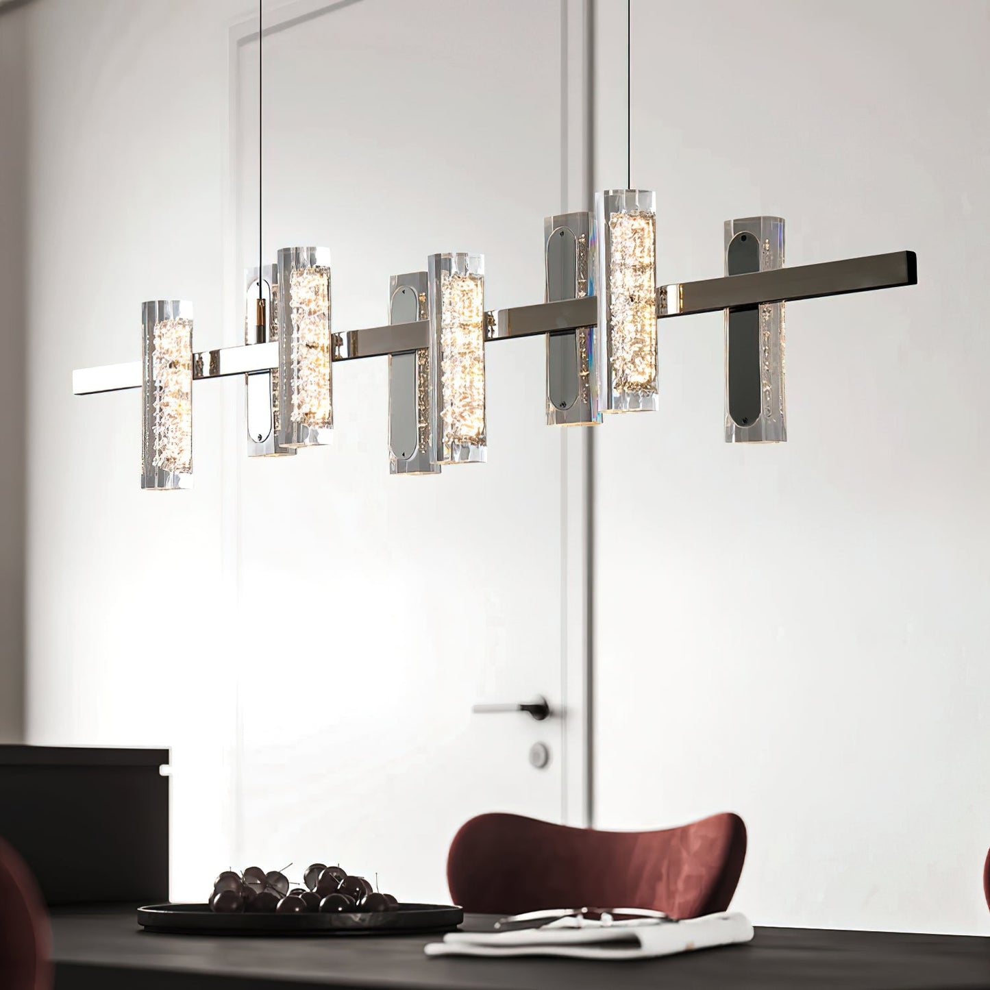 Zigger Pendant Light - Modern Linear LED Chandelier | Pearl Black Metal & Optical Acrylic Fixture