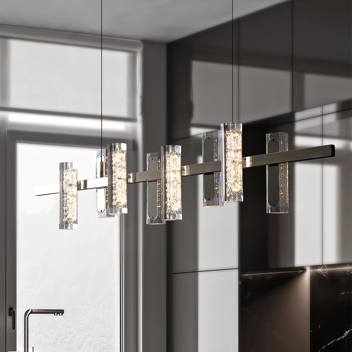Zigger Pendant Light - Modern Linear LED Chandelier | Pearl Black Metal & Optical Acrylic Fixture