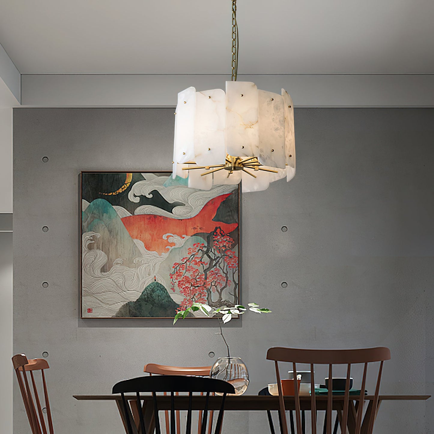 Zoe Tiered Alabaster Chandelier - Luxury Brass & White Petal Pendant | 5/10-Light Natural Stone Chandelier