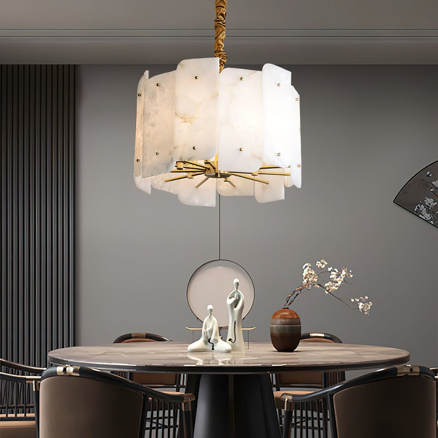 Zoe Tiered Alabaster Chandelier - Luxury Brass & White Petal Pendant | 5/10-Light Natural Stone Chandelier